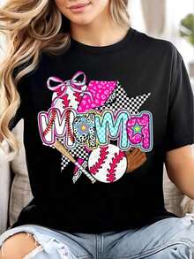 Cute Baseball T-Shirt For Mom, Preppy Baseball T-Shirt, Cute Brushstroke Baseball T-Shirt, Baseball Bow T-Shirt, Baseball Tops For Mom, Women's Graphic Crew Neck T-Shirts, Loose Casual T-Shirts, Women's T-Shirts - 黑色 - 查看 5