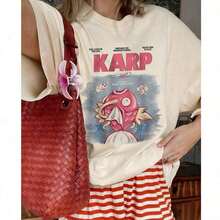 1PSC2026 Women's Vintage T-Shirt With Japanese Koi Fish Print "KARP", Comfortable Anime Style, Short Sleeve, Unique Round Neck, Casual Urban Style, Pinterest Fashion, Summer T-Shirts, Classic Cotton T-Shirt With Fashion Print, Lightweight And Breathable. - 杏色 - 查看 6