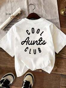1pc Women's Short Sleeve T-Shirt With "Cool Aunt's Club" Print On Front And Back Panels, Casual White Crew Neck T-Shirt, Stretch Polyester Blend, Machine Washable, Suitable For Spring/Summer/Autumn. - 白色的 - 查看 2