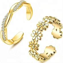 Bộ 2 chiếc nhẫn đeo ngón chân bằng đá Zirconia có thể điều chỉnh kích thước, trang sức chân phong cách nghỉ mát mùa hè, mạ vàng. - Vàng - Xem 10