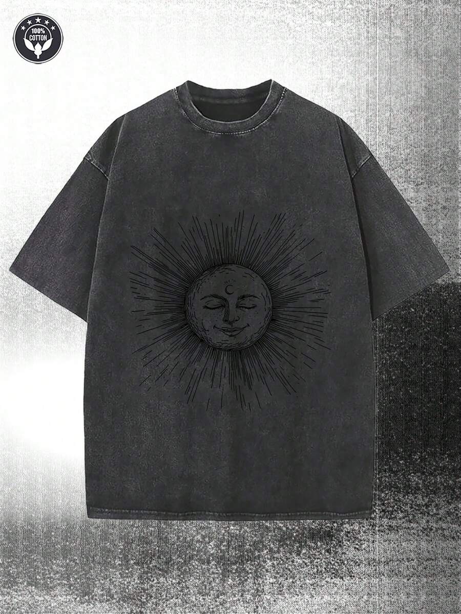 1 Piece Of Men's Summer T-Shirt, 230g, Washed, With Sun And Moon Print, High Quality Batik Cotton Casual T-Shirt, Suitable For Street And Outdoor Activities, Holiday Gifts, Perfect Gift, 180g 100% Cotton. - 黑色 - 查看 1