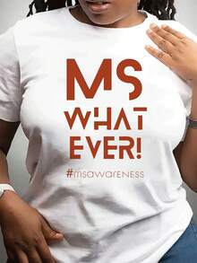 Camiseta de concientización sobre la esclerosis múltiple para mujeres "¡MS Sea Lo Que Sea!" - Blanca con patrón geométrico rojo, cuello redondo cómodo y mangas cortas, adecuada para uso casual en todas las estaciones, un regalo empoderador para pacientes y apoyadores de la esclerosis múltiple, cómoda para el uso diario. - Blanco - Ver 6