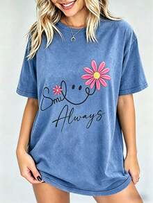 Women's Vintage Washed Cotton T-Shirt, New Summer Style, American-Style Floral  Face Print Comfortable And Fashionable, Versatile For Commuting - 藍色 - 查看 2