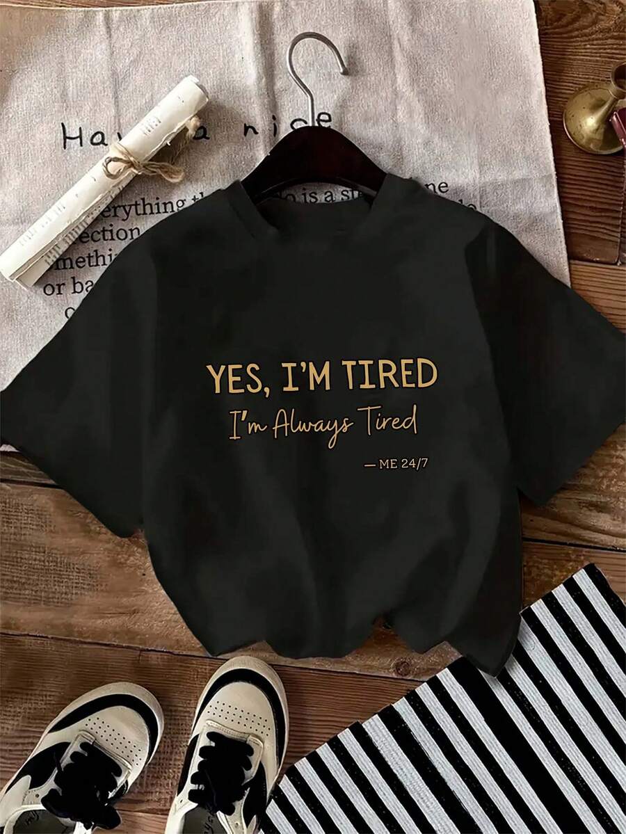 Comfortable Print. Women's Loose-Fitting T-Shirt - Comfortable And Relaxed, Round Neck, Suitable For All Seasons, Stylish Casual Top, Local Delivery, Summer Cotton Top, Essential For Elegant Summer Parties. Simple And Casual Summer Top. - 黑色 - 查看 1