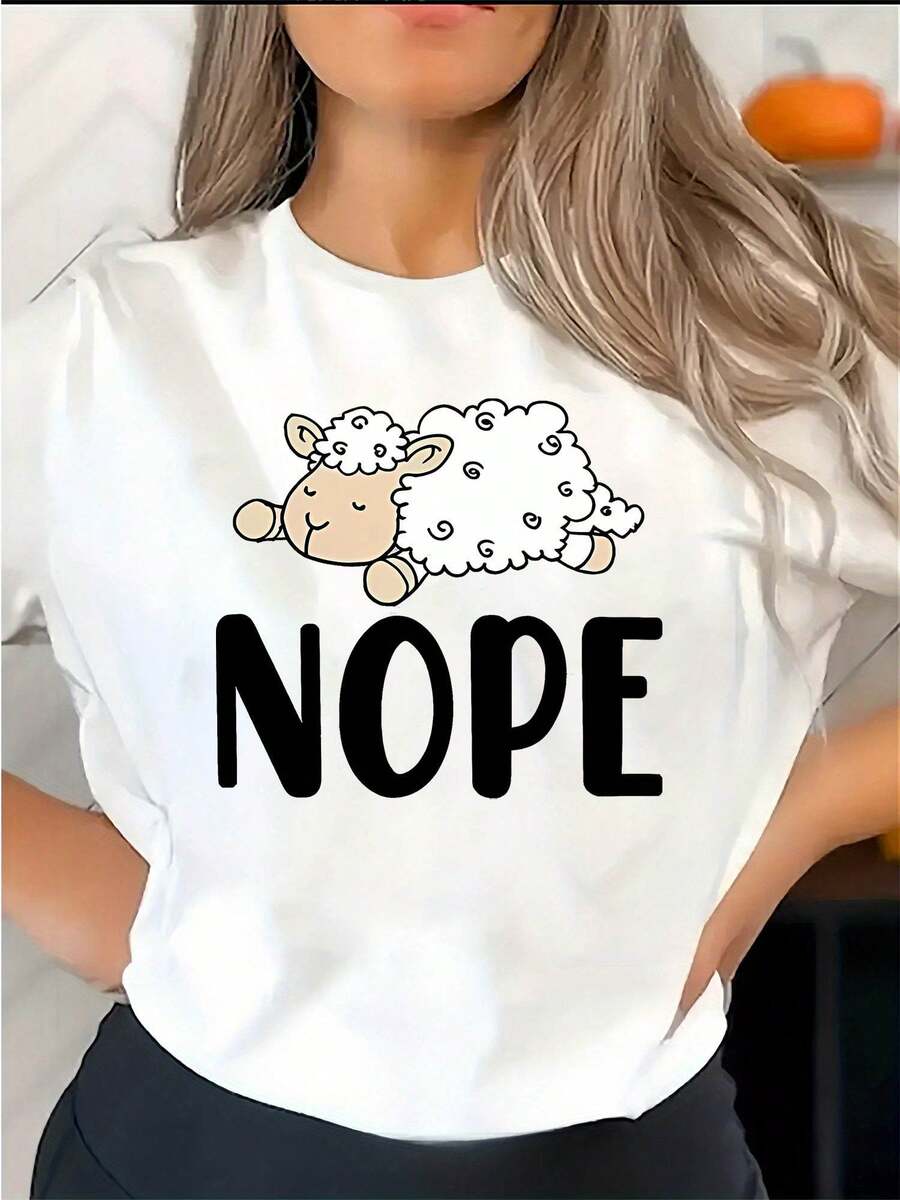 Women's Casual Sports T-Shirt With Creative English Sheep Print, Round Neck, Short Sleeves, Comfortable Summer Vacation Top, Made Of Soft Cotton For Everyday Wear. - 白色 - 查看 1