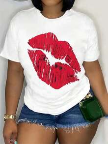 Lip Print T-Shirt, Short Sleeve, Round Neck, Casual Top, Summer And Spring, Women's Clothing, Women's T-Shirts - 白色 - 查看 6
