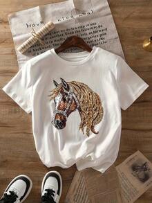 1 Piece Women's Crew Neck T-Shirt - Horse Design With Sparkling Details, Casual Top, Lightweight, For Summer/Spring, Machine Washable, Regular Fit, Blouse For Casual Wear (Comfortable) 180g 100% Cotton - 黑色 - 查看 6