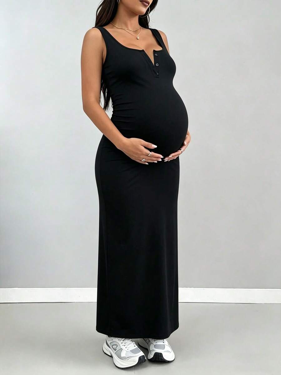 Maternity Solid Color Casual Minimalist Vacation Everyday Dress Black Summer - Black - View 1