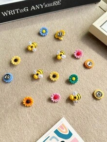 15枚/套 彩色蜜蜂和花朵造型图钉，适用于软木板、照片墙、白板、公告板、返校季、学习用品 - 套裝 - 查看 5