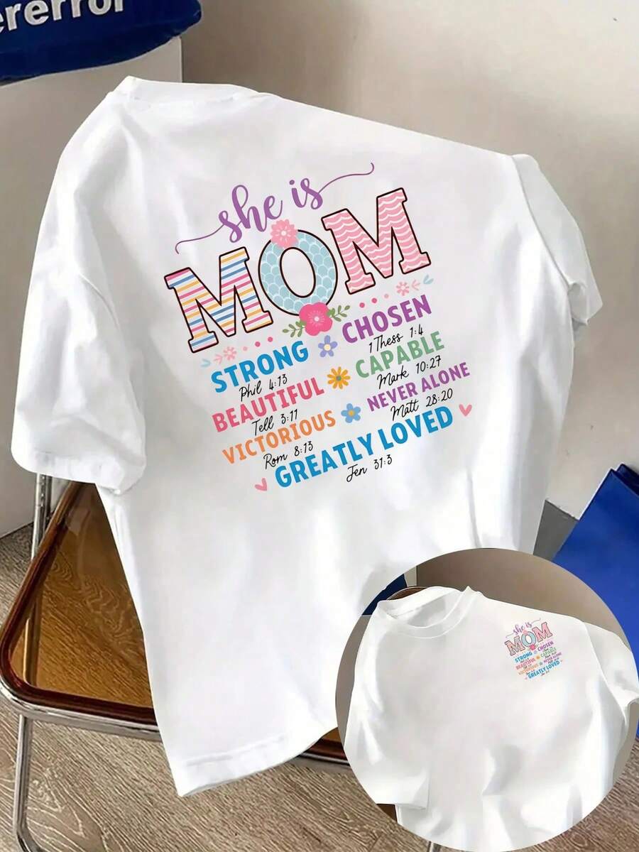 New Men's 180g Heavyweight Cotton T-Shirt, Mother's Day T-Shirt, With A Strong Woman Mom Print On The Front And Back, Modern Short-Sleeved T-Shirt For Men, Suitable For Casual Daily Wear And Outdoor Fitness Activities, Unique Double-Sided Pattern Design - Suitable For Spring And Autumn As An Inner Layer And For Summer As An Independent Garment, Unisex. - 白色 - 查看 1