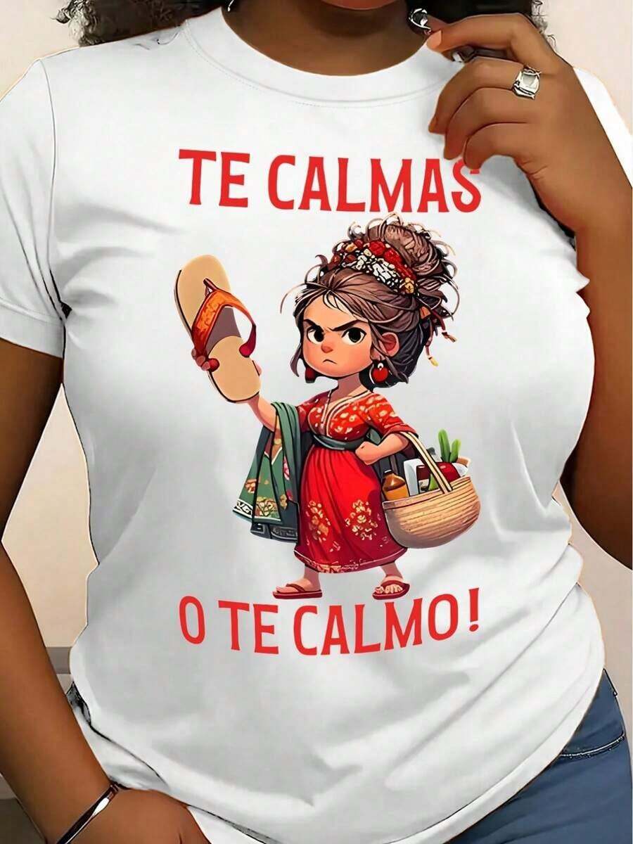 Minimalist Modern CALM DOWN! Women's Printed T-Shirt - Funny Slogan "Calm Down, Or I'll Make You Calm Down" Casual Short Sleeve T-Shirt For Spring And Autumn, Lightweight For Everyday Wear, Cartoon Character T-Shirt, Semi-Sheer Fabric, Halloween Costume, Local Community Store, In Stock, Women's Clothing, Women's Autumn T-Shirt, Suitable For Easter, Halloween, Thanksgiving, Etc. Casual For Everyday Wear. - 白色 - 查看 1