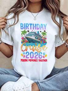 "Birthday Cruise 2026 Creating Memories Together" T-Shirt For Women And Men, Unisex, For Summer Vacation, Party, Gift, 220g - Urban Vintage Style, Unisex, Loose Cotton Short Sleeve T-Shirt With Round Neck, 100% Pure Cotton. - 白色 - 查看 1