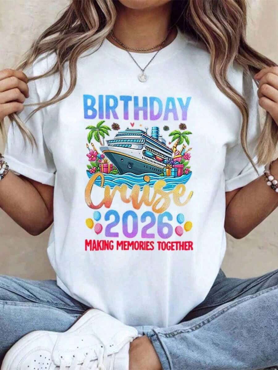 "Birthday Cruise 2026 Creating Memories Together" T-Shirt For Women And Men, Unisex, For Summer Vacation, Party, Gift, 220g - Urban Vintage Style, Unisex, Loose Cotton Short Sleeve T-Shirt With Round Neck, 100% Pure Cotton. - 白色 - 查看 1
