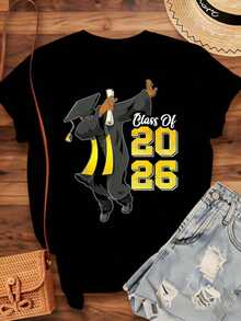 Class Of 2026 T-Shirt, Graduation Party Gift For Students, College Graduate Celebration Clothes For Graduation Day, 220g - Urban Vintage Style, Unisex, 100% Pure Cotton Short Sleeve T-Shirt - 黑色 - 查看 4