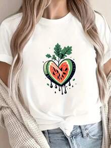 Women's Short Sleeve T-Shirt With Round Neck And Watermelon Heart Graphic Print, Casual Summer Style, Harajuku, Urban Fashion, Vintage Style, Unisex, Loose Fit, Cotton. - 白色 - 查看 7