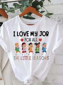 Playera mujerPlus Size - Plus Size Wo - Estampado "I Love My Job For All The Little Reasons", cuello redondo casual, manga corta, mezcla de poliéster ligero, perfecta para primavera y verano, regalo de agradecimiento para maestros, diseño divertido para uso casual, ajuste cómodo, casual diario. - Blanco - Ver 10