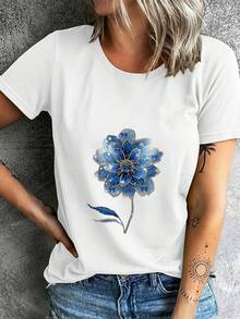 Women's Summer T-Shirt, Elegant Short-Sleeved T-Shirt, Comfortable And Breathable, Suitable For Sports And Fitness, Casual Outings, With Blue Floral And Crystal Design. - 白色 - 查看 6