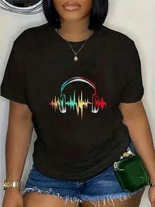 Heartbeat Gamer Casual T-Shirt, 100% Cotton - Colorful Headphones Video Games Gaming T-Shirt, Unisex T-Shirt - 黑色 - 查看 5