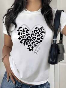 100% Cotton. Heart With Leopard Print Representing Wild Strength And Free Love, Inspired By Nature And Feminine Confidence. Women's 100% Cotton T-Shirt. Women's Simple Solid Color T-Shirt, Loose And Slim Fit Casual Short Sleeve - 白色的 - 查看 11