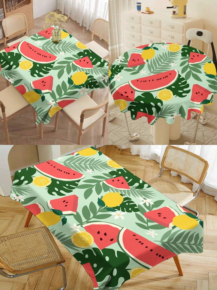 1pc Summer Watermelon Print Tablecloth, Modern Polyester Rectangular/Round Waterproof Tablecloth, Digital Printing Suitable For Living Room, Outdoor Dining Table, Small Round Table - Multicolor - View 1
