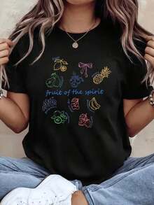 Women's Casual Short Sleeve T-Shirt With Colorful Fruit Print And Phrases, Ideal For Daily Use, Comfortable Fabric, Perfect As A Gift. - 黑色 - 查看 1
