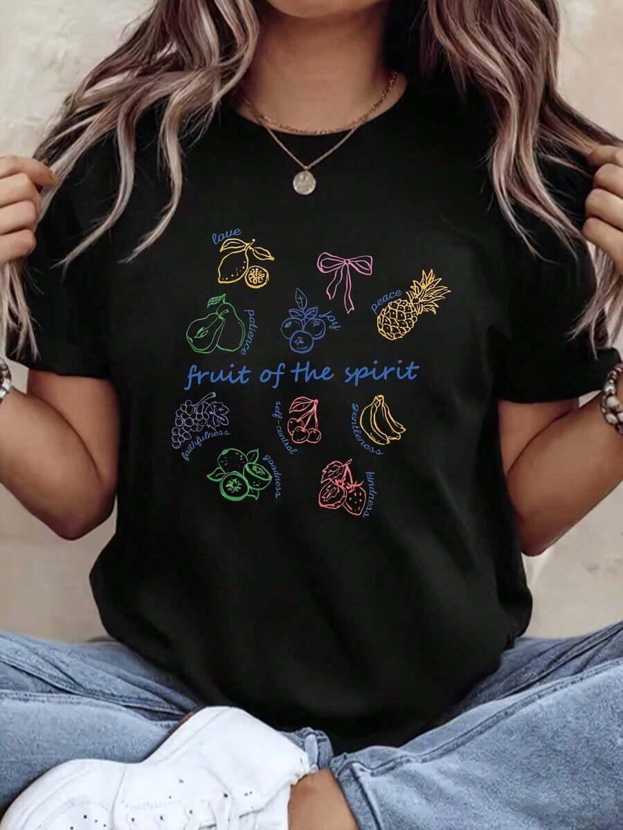 Women's Casual Short Sleeve T-Shirt With Colorful Fruit Print And Phrases, Ideal For Daily Use, Comfortable Fabric, Perfect As A Gift. - 黑色 - 查看 1
