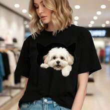 GiftCamia Women's Pure Cotton Cat And Puppy Ear Print Casual Short Sleeve Loose Fit Crew Neck Graphic Top, Available In Sizes, Cute Animal Design, Soft And Breathable Fabric, Fashionable For Everyday Wear, 100% Cotton. Soft - 黑色 - 查看 6
