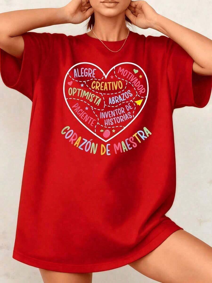 Women's GiftCamia With Positive Words And Heart Graphic Print, Teacher's Heart, 100% Cotton, Crew Neck, Casual Style, 1 Piece. Excellent Gifts For Friends And Family - Unisex Vintage Urban Style Camia, Loose Fit, Cotton, Short Sleeve, Crew Neck. Soft - 紅色的 - 查看 1