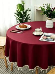 1pc Plain Round Polyester Tassel Tablecloth, Suitable For Wedding, Birthday Party, Outdoor, Study Room, Living Room And Dining Table Decor - Burgundy - View 4