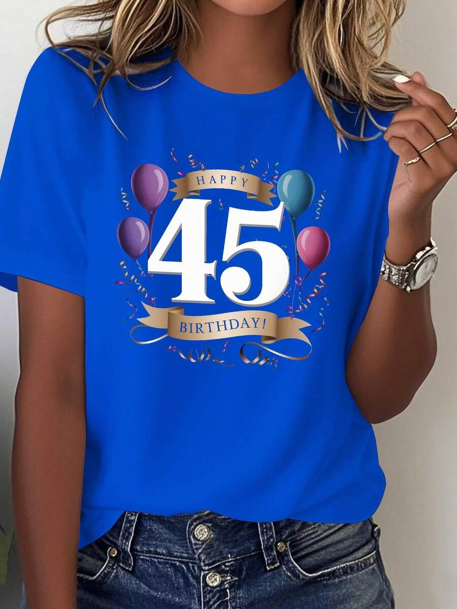 Celebrating The 45th Anniversary, Birthday Gift For Women, Comfortable Solid Color T-Shirt, Elegant Party Outfit, T-Shirt For Elegant Ladies, Blouses Suitable For Curvy Women, Casual Wear, Cool And Sweat-Free Summer Clothes, Fun Letter Print - 藍色 - 查看 1