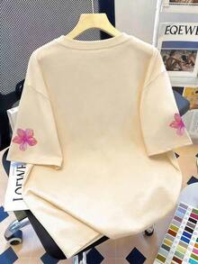 Camiseta de manga corta con cuello redondo y estampado floral y de conchas para mujer de talla grande, versátil para uso diario en verano - Multicolor - Ver 3