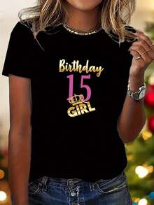 1 Piece Y2K Style Women's Short Sleeve Top With 15th Birthday Celebration Print, Birthday Gift. Elegant Party Outfit, T-Shirt For Elegant Ladies, Blouses Suitable For Curvy Women, Casual Wear, Cool And Sweat-Free Summer Clothing, Fun Letter Print. - 黑色 - 查看 6