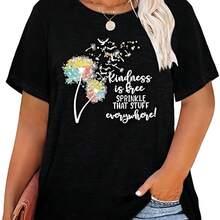 Camiseta de talla grande para mujer con estampado de diente de león, camiseta gráfica floral linda de manga corta Negro - Negro - Ver 1