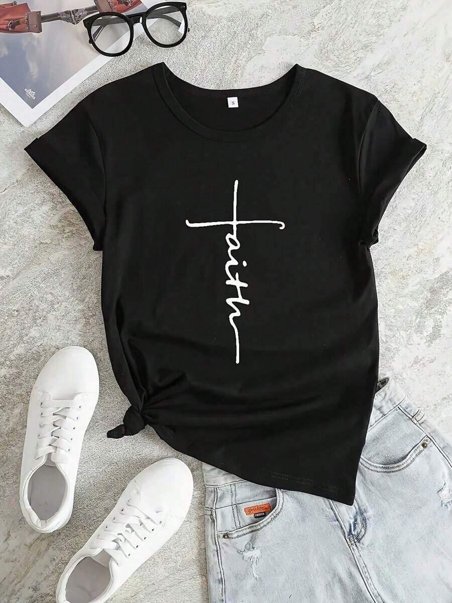 Camiseta suave para mujer, manga corta, estampado gráfico, cuello redondo, casual, para uso diario en verano, manga corta, comodidad para el día a día - Camiseta elegante para mujer, camisetas de manga corta, camiseta gráfica, camisetas gráficas para mujer, camiseta de verano, camiseta casual, camisetas de verano, tops, conjuntos de verano para mujer, camiseta casual cómoda de manga corta con cuello redondo, blusas elegantes para dama. - Negro - Ver 1