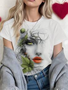 Women's Avant-Garde Art T-Shirt - Unique Plant Face Print With Green Leaves And Vines, Casual Short-Sleeved Crew Neck, Machine Washable, Stylish And Creative Design, Suitable For All Seasons. | Art Print T-Shirt | Durable - 白色 - 查看 2