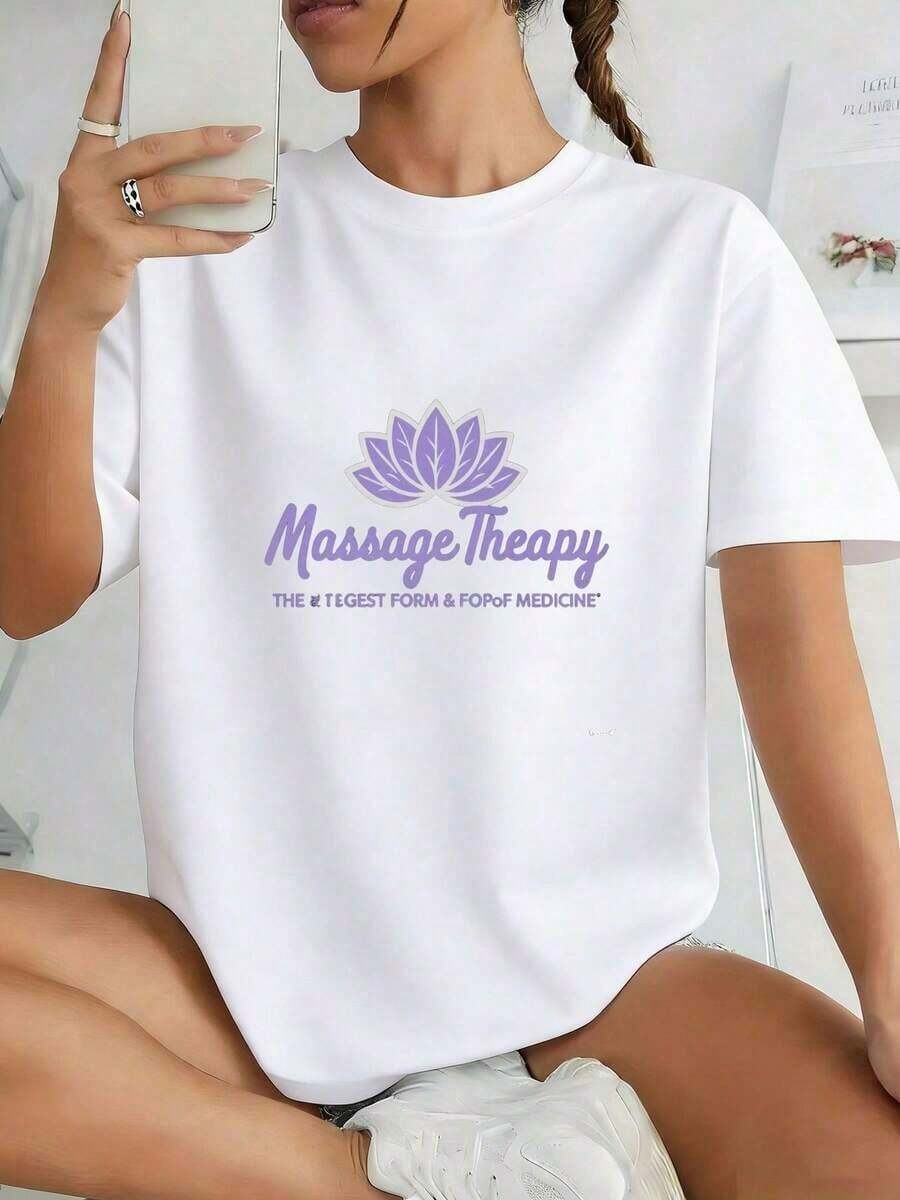 PremiumFashion Wo's Black T-Shirt With A Purple Lotus Pattern And The Words "Massage Therapy" | Casual Round Neck, Short Sleeves, Very Suitable For Daily Wear And Selfies, , Regular Fit, Y2K Style, Suitable For Spring/Summer. New Summer Wo's T-Shirt, Casual And Comfortable Crew Neck TopGift Idea - 白色 - 查看 1