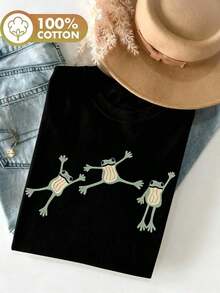 Women's Plus Size, Loose-Fitting Summer Clothing, Three-Frog Jumping Print T-Shirt For Summer Outings, Stylish Women's Clothing, Style: Round Neck, Short Sleeve, Loose Fit, A Gift For Yourself/Family Member/Partner/Friends, Cotton T-Shirt, Round Neck T-Shirt, Casual And Versatile For Everyday Wear. Gift Idea. - 黑色 - 查看 7