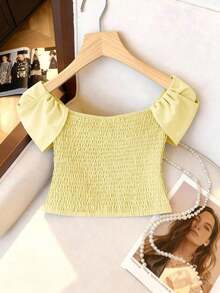 Blusa corta elegante de estilo francés con diseño plisado, cintura ceñida, efecto estilizante, de moda, de alta gama, refinada, para verano - Amarillo - Ver 2