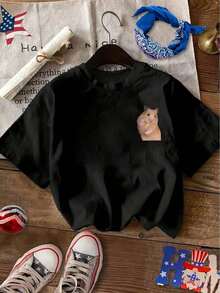 Shushu Biye Doppelseitig Bedrucktes Modisches Kurzarmshirt, Lässiges Kurzarm-Rundhals--Shirt, Damenbekleidung,Festival - màu đen - Xem 2
