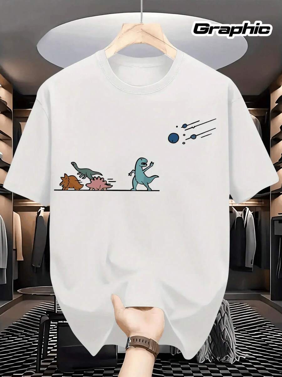 Men's Dinosaur Adventure Graphic T-Shirt - Vintage Hip Hop Design, Comfortable And Lightweight, Made Of 100% Polyester, Bright Print, Crew Neck, Short Sleeves For Summer, Hip Hop Tee - 白色 - 查看 1
