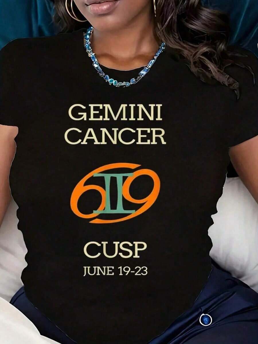 Women's T-Shirt Black T-Shirt For Women With Gemini Cancer Zodiac Sign Graphic, June 19-23, For Astrology Lovers And Birthday Gifts - 黑色 - 查看 1