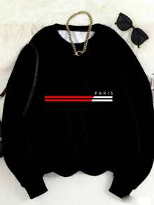 MSUCC|Women's Basic T-Shirt With Round Neck, Print, American Style, Modern And Youthful Design, Suitable For All Seasons And Everyday Wear, With Soft Fabric|Black Sweatshirt With Paris Striped Print And Text - 黑色 - 查看 1