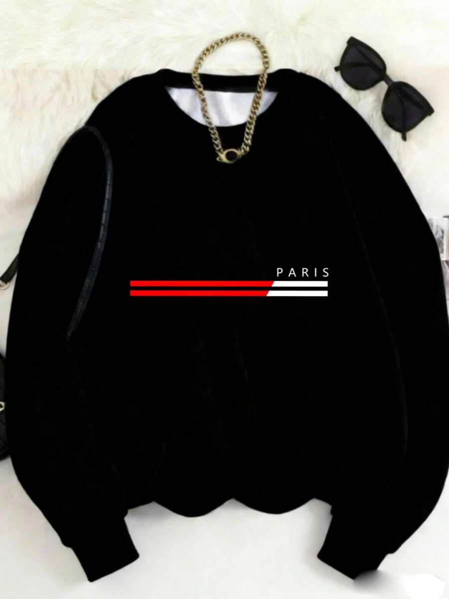MSUCC|Women's Basic T-Shirt With Round Neck, Print, American Style, Modern And Youthful Design, Suitable For All Seasons And Everyday Wear, With Soft Fabric|Black Sweatshirt With Paris Striped Print And Text - 黑色 - 查看 1