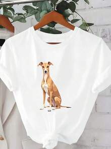 Camiseta Estampada para Mujer - Camiseta Casual de Manga Corta y Cuello Redondo con Ilustración de Perro y Detalle de Nudo Frontal. Corte Relajado para Todas las Estaciones, Perfecta para el Uso Diario y tus Atuendos de Vacaciones (Lavable aáquina). - Blanco - Ver 1