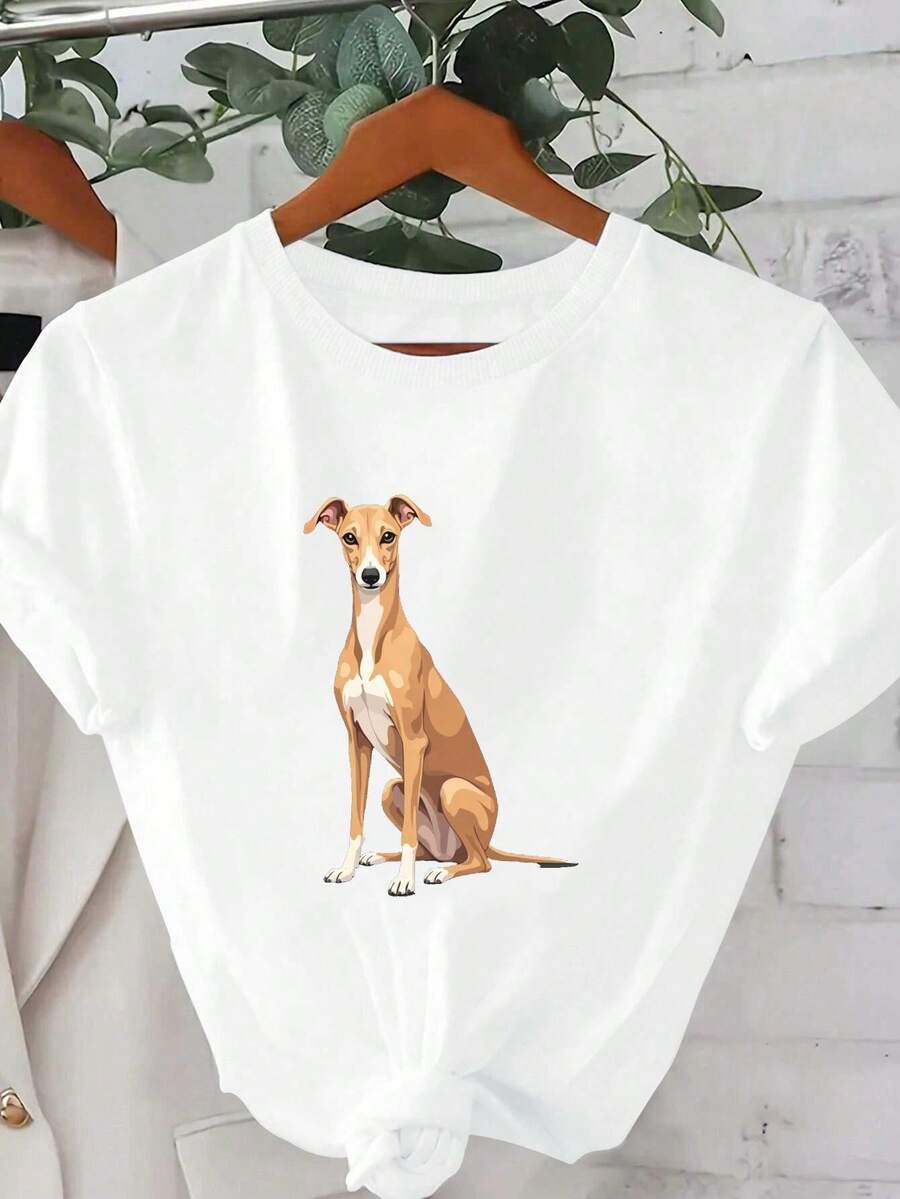 Camiseta Estampada para Mujer - Camiseta Casual de Manga Corta y Cuello Redondo con Ilustración de Perro y Detalle de Nudo Frontal. Corte Relajado para Todas las Estaciones, Perfecta para el Uso Diario y tus Atuendos de Vacaciones (Lavable aáquina). - Blanco - Ver 1