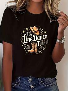 Camiseta de Mujer Estilo Vaquero Occidental - Estampado Vintage con la Frase "Es Hora de Bailar en Línea", Manga Corta, Cuello Redondo, Blusa Casual para Primavera/Verano, Adecuada para Baile en Línea, Eventos de Baile y Vestimenta Casual, Lavable a Máquina, Estilo Retro Occidental. Camiseta Casual de Mujer con Estampado, Manga Corta y Cuello Redondo, Moda Urbana Local para Primavera/Verano. - Negro - Ver 1