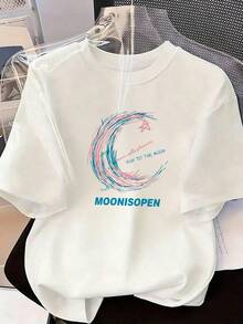 Pink And Blue Moon Print T-Shirt, Fashionable Short-Sleeved T-Shirt For Spring/Summer 2026, Made In Mexico, 180 Grams. Cartoon Print, Couple Design, Suitable For Indoor Or Outdoor Wear. Crew Neck, Unisex, Ideal For Office And Leisure. One-Pack. - WH-P631577SLNDXZGY580 - 查看 2