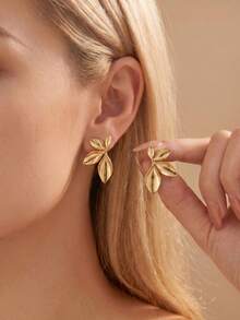 Vintage Leaf Stud Earring For Women Charm Gold Earring,Waterproof Stainlees Steel Jewelry Summer Vacation Jewellery For Wedding Party Daily Gift - Gold - View 4