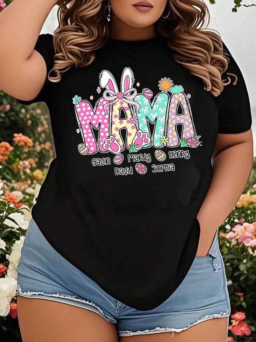 Personalized Easter T-Shirt For Mom With Children's Names, Bunny Ears And Egg Design For Easter Celebration, Spring Clothing For Women, Plus Size T-Shirt - 黑色 - 查看 1