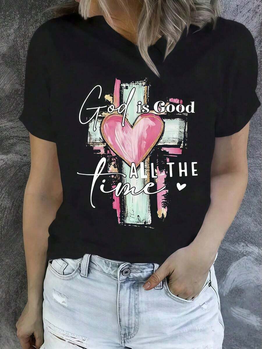 1 pieza de camiseta casual para mujer 100% algodón con estampado inspirador "Dios es bueno en todo momento", corte holgado, cuello redondo, manga corta, transpirable, ideal para verano, camping al aire libre y regalos de vacaciones, uso en todas las estaciones. | Camiseta con Diseño Religioso | Camiseta de tela de punto para mujer Flatsoft - Negro - Ver 1